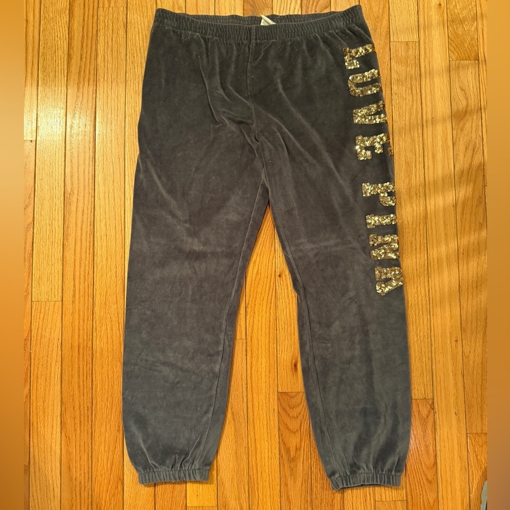 PINK Victoria's Secret Charcoal Velour Track Pants Joggers with Gold Sequins